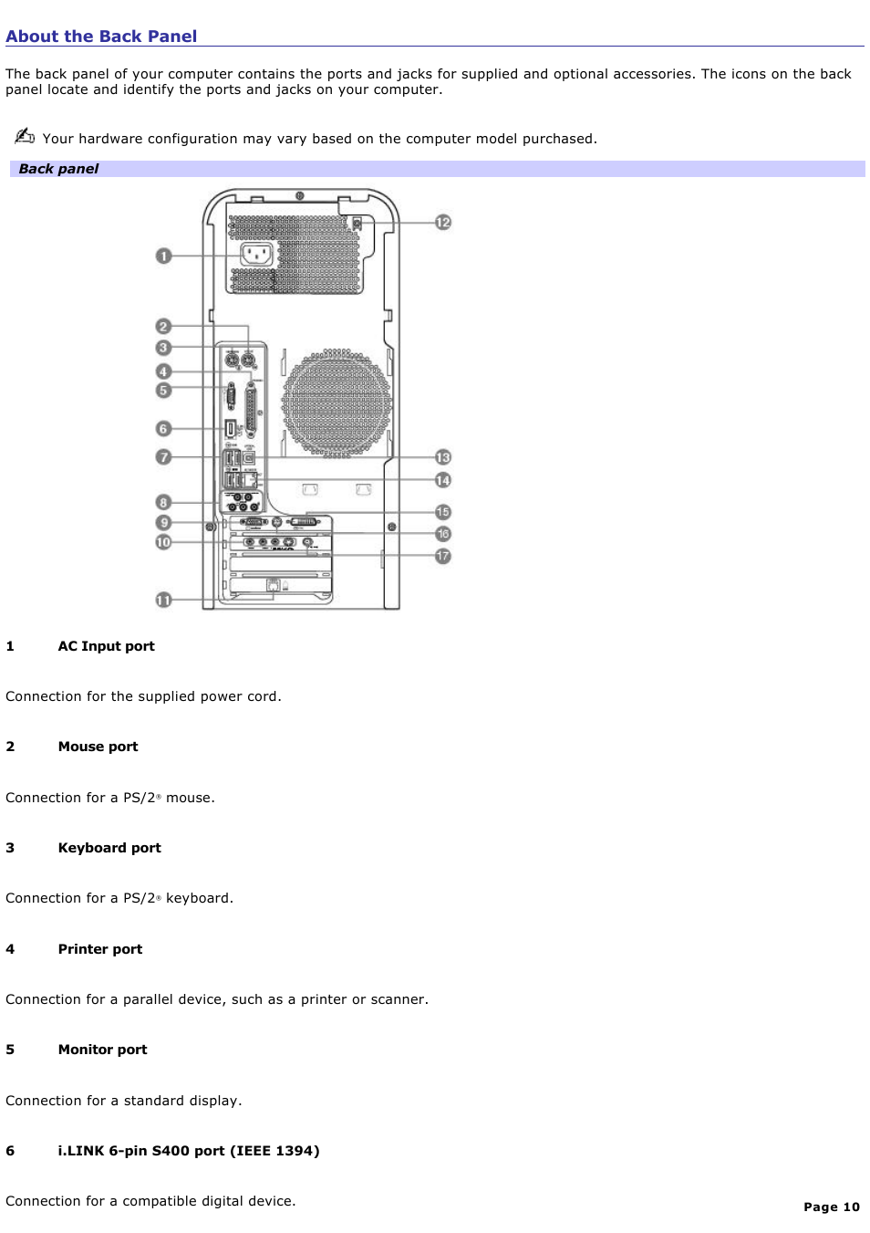 About the back panel | Sony PCV-RS730G User Manual | Page 10 / 161