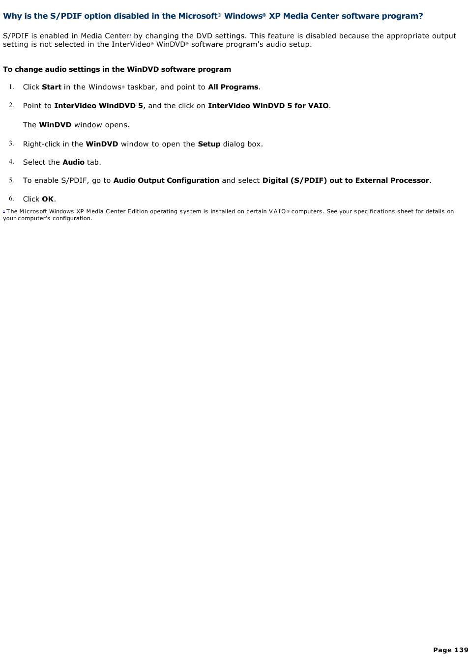 Why is the s/pdif option disabled in the microsoft, Windows, Xp media center software program | Sony PCV-RS730G User Manual | Page 139 / 161