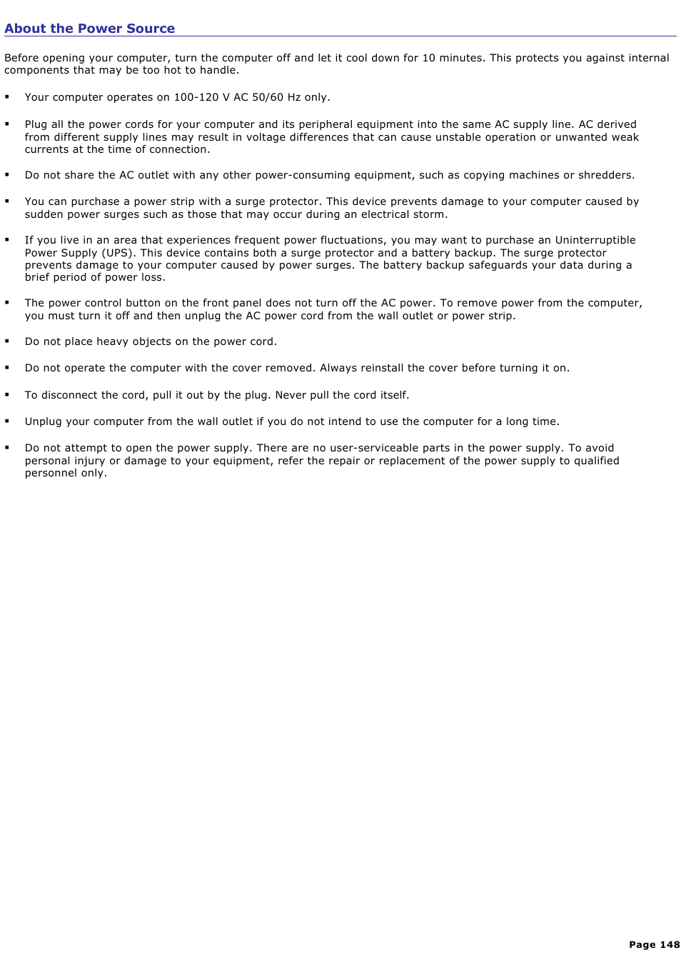 About the power source | Sony PCV-RS730G User Manual | Page 148 / 161