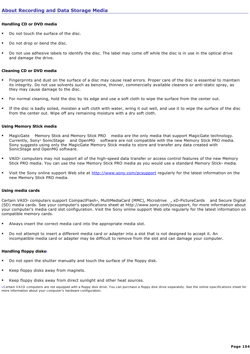 About recording and data storage media | Sony PCV-RS730G User Manual | Page 154 / 161