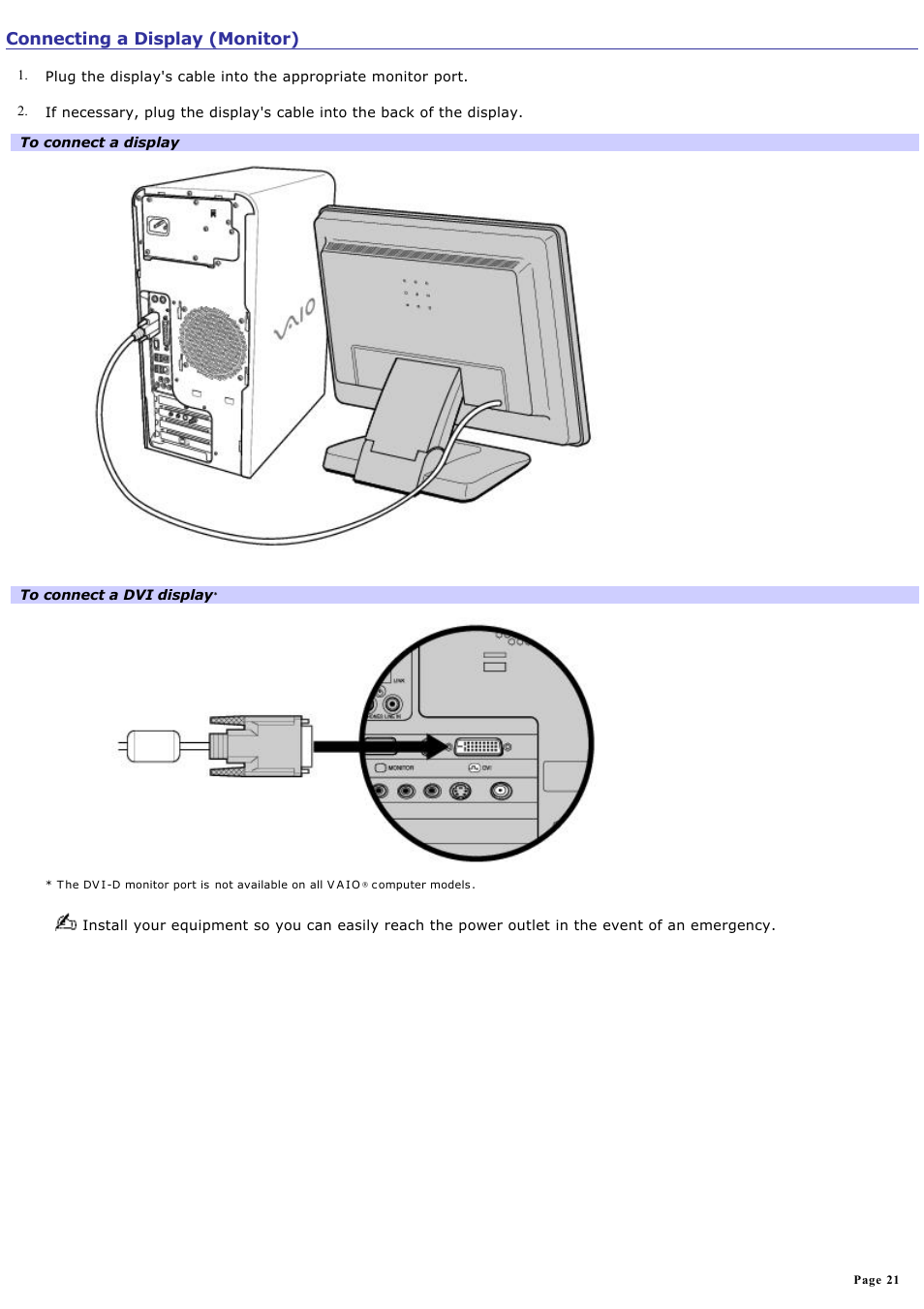 Connecting a display (monitor) | Sony PCV-RS730G User Manual | Page 21 / 161