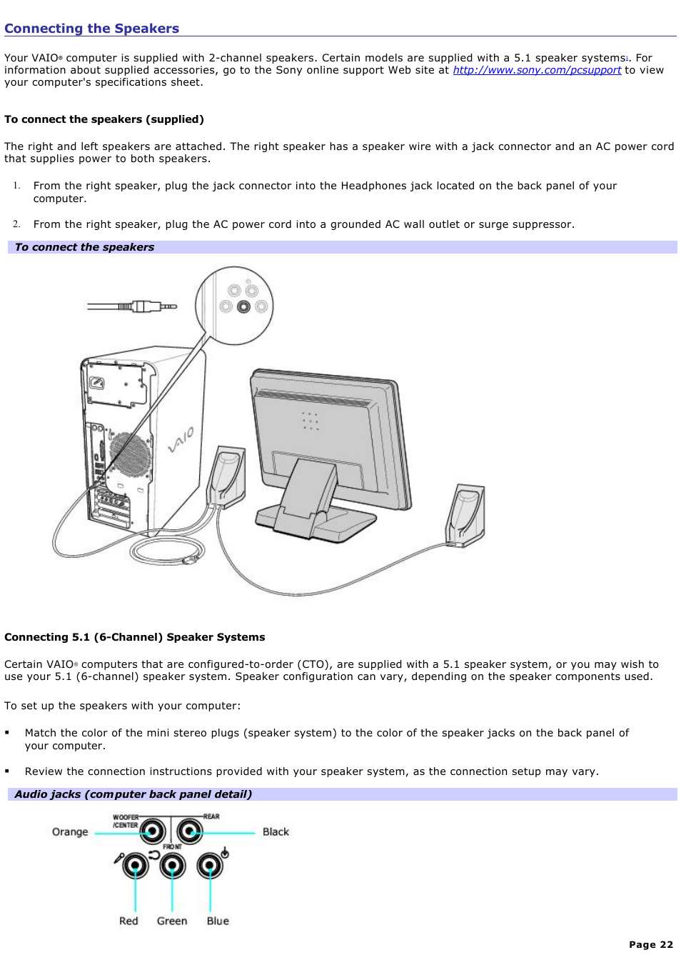 Connecting the speakers | Sony PCV-RS730G User Manual | Page 22 / 161