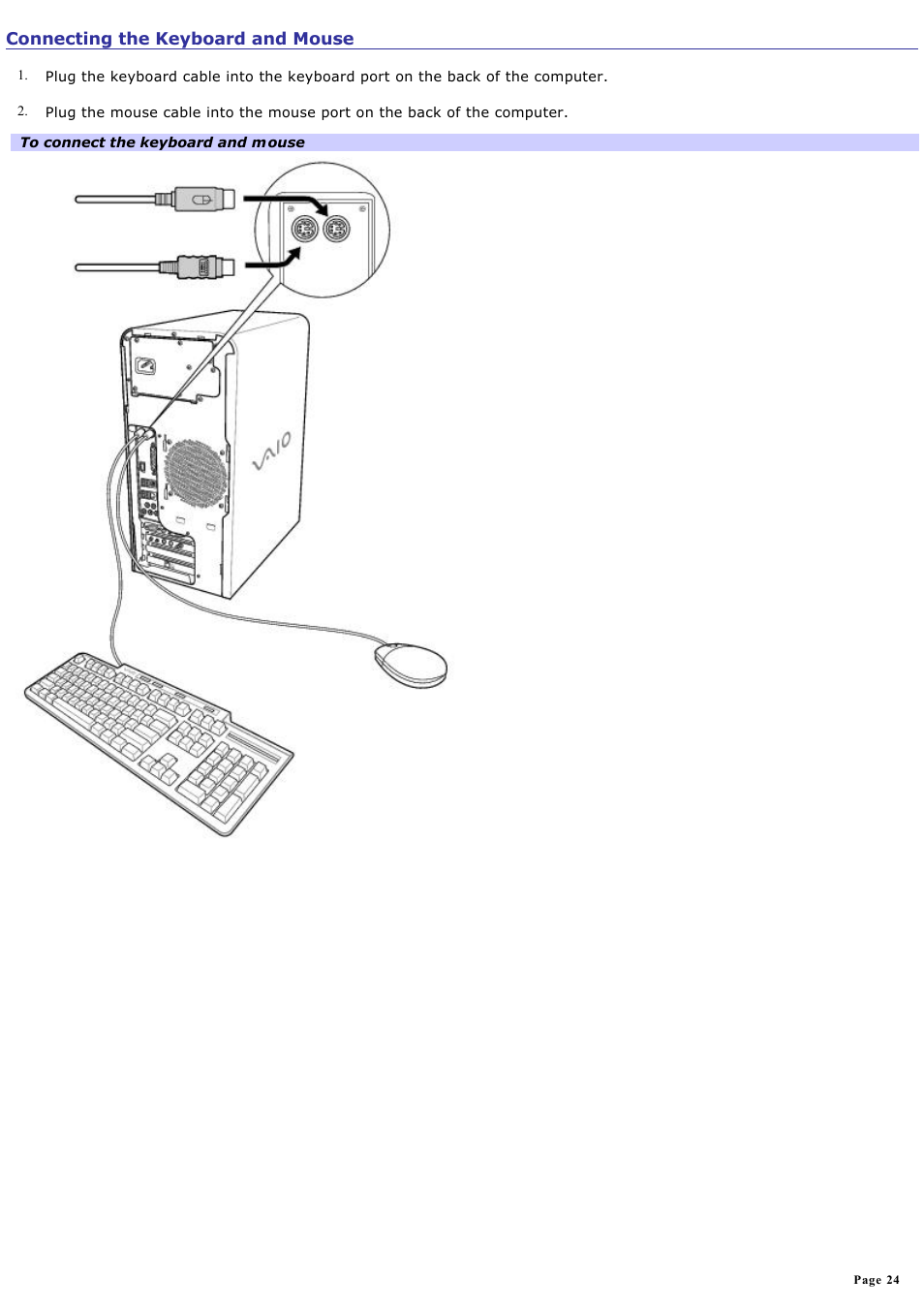 Connecting the keyboard and mouse | Sony PCV-RS730G User Manual | Page 24 / 161