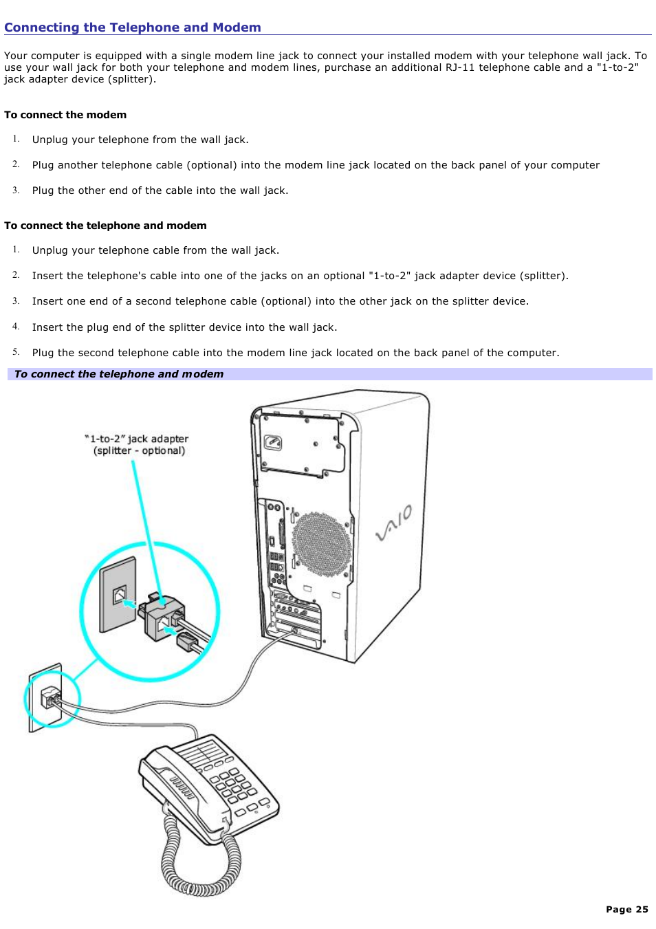 Connecting the telephone and modem | Sony PCV-RS730G User Manual | Page 25 / 161