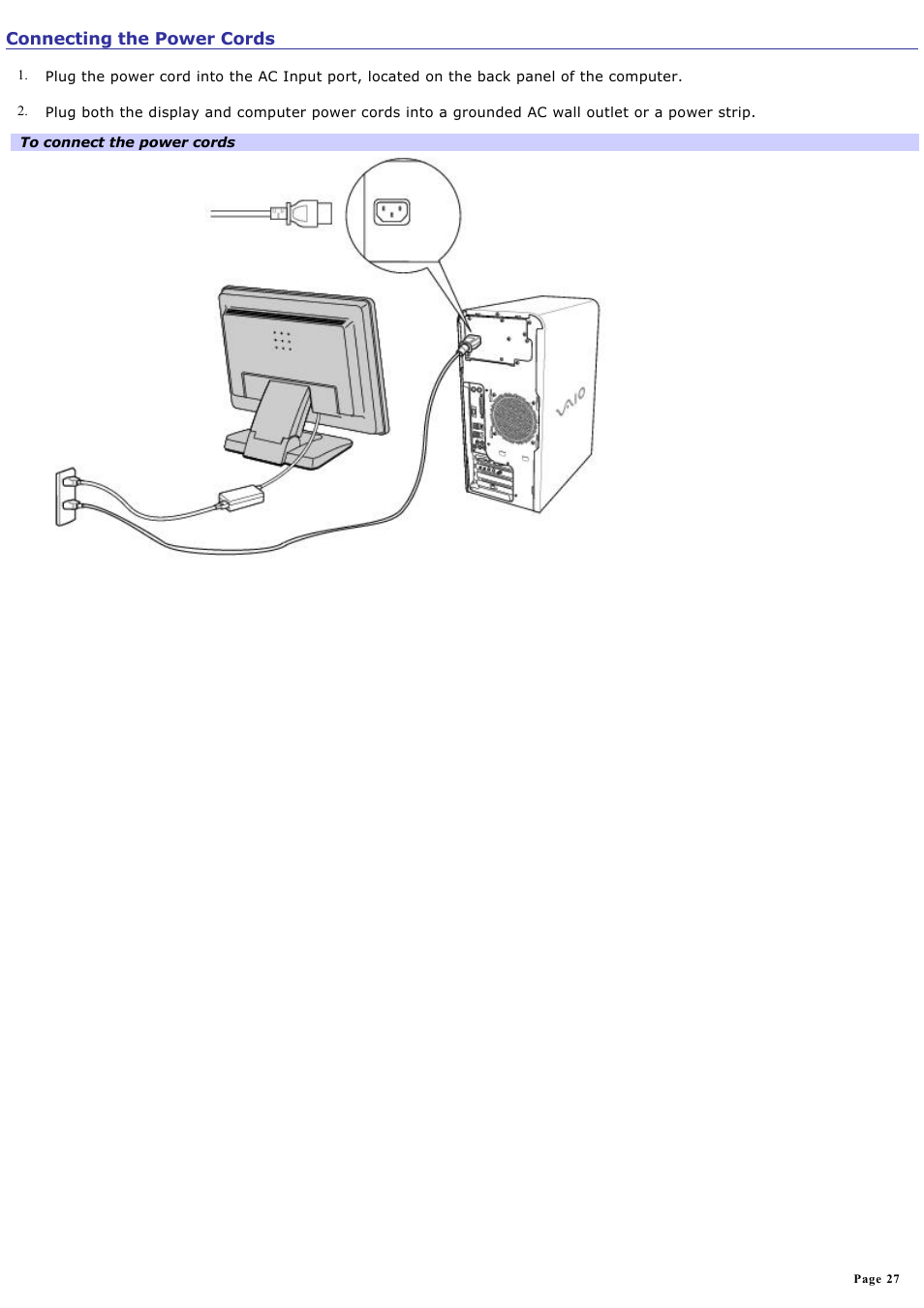 Connecting the power cords | Sony PCV-RS730G User Manual | Page 27 / 161