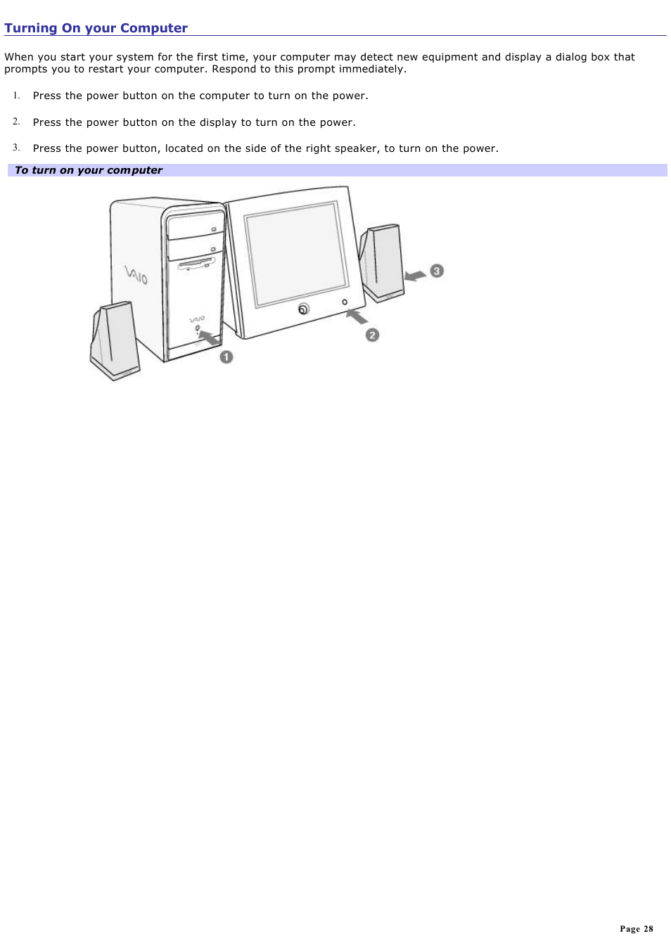 Turning on your computer | Sony PCV-RS730G User Manual | Page 28 / 161