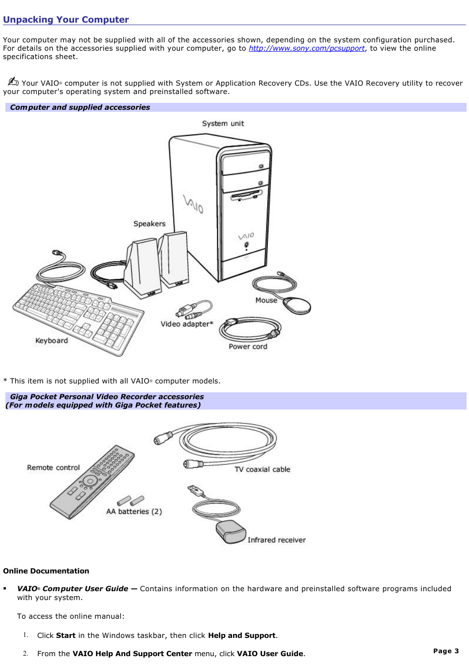 Unpacking your computer | Sony PCV-RS730G User Manual | Page 3 / 161