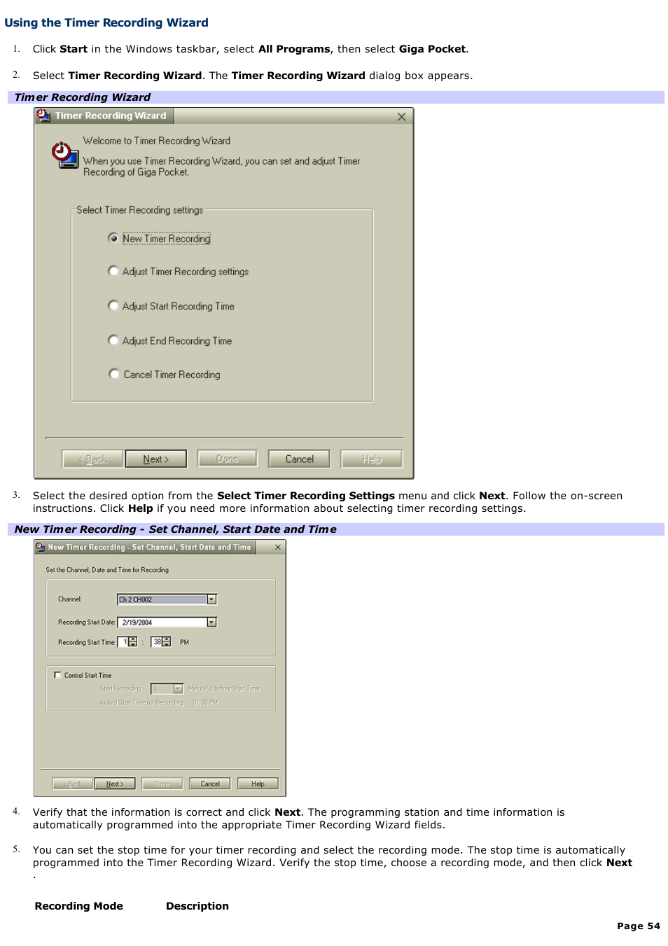 Using the timer recording wizard | Sony PCV-RS730G User Manual | Page 54 / 161