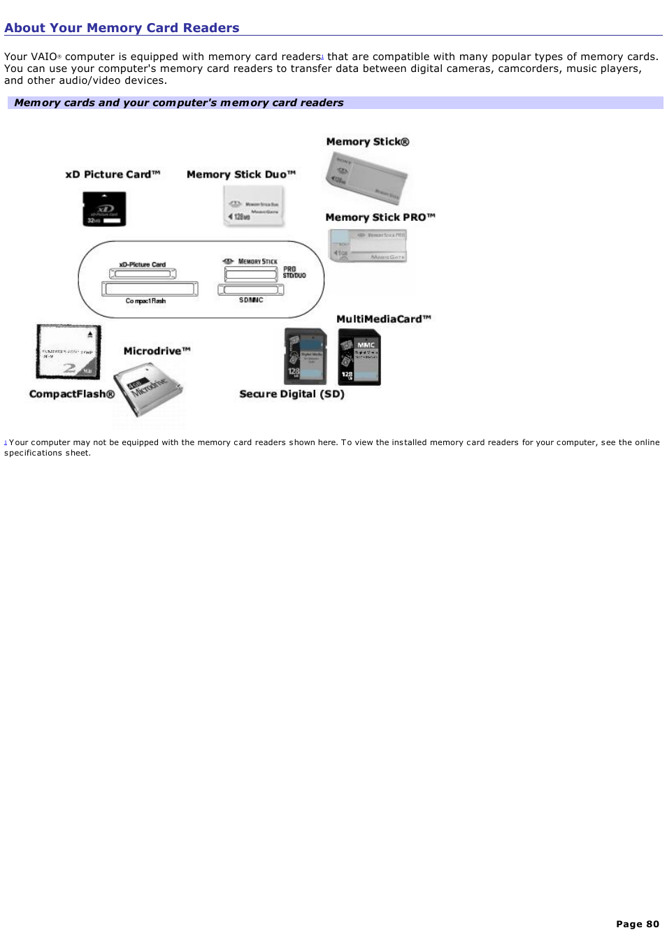 About your memory card readers | Sony PCV-RS730G User Manual | Page 80 / 161