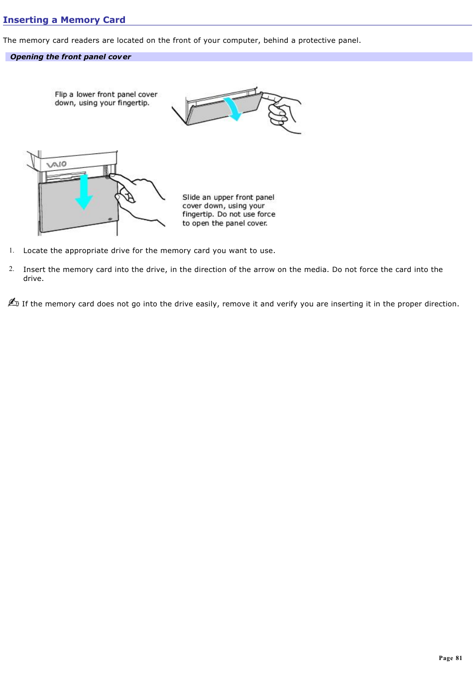 Inserting a memory card | Sony PCV-RS730G User Manual | Page 81 / 161