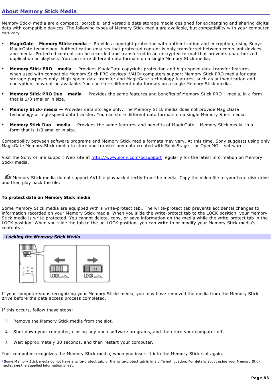 About memory stick media | Sony PCV-RS730G User Manual | Page 83 / 161