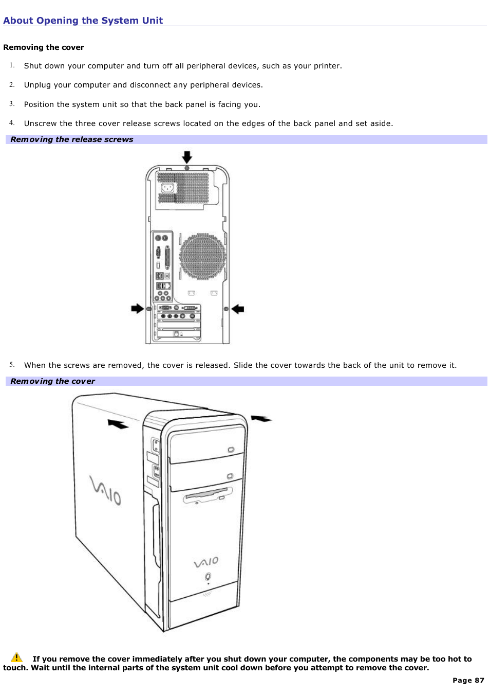 About opening the system unit | Sony PCV-RS730G User Manual | Page 87 / 161