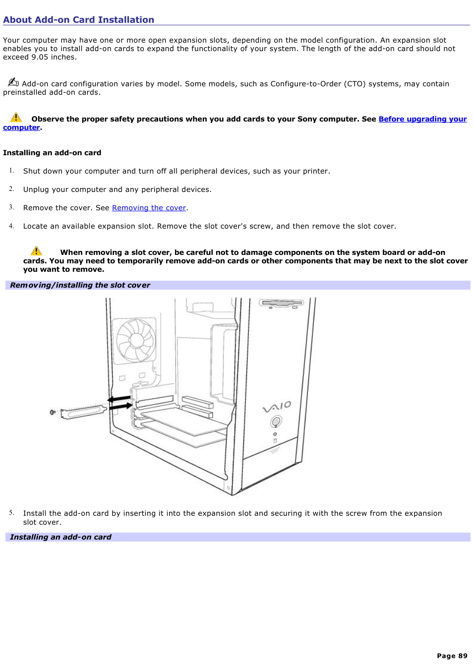 About add-on card installation | Sony PCV-RS730G User Manual | Page 89 / 161