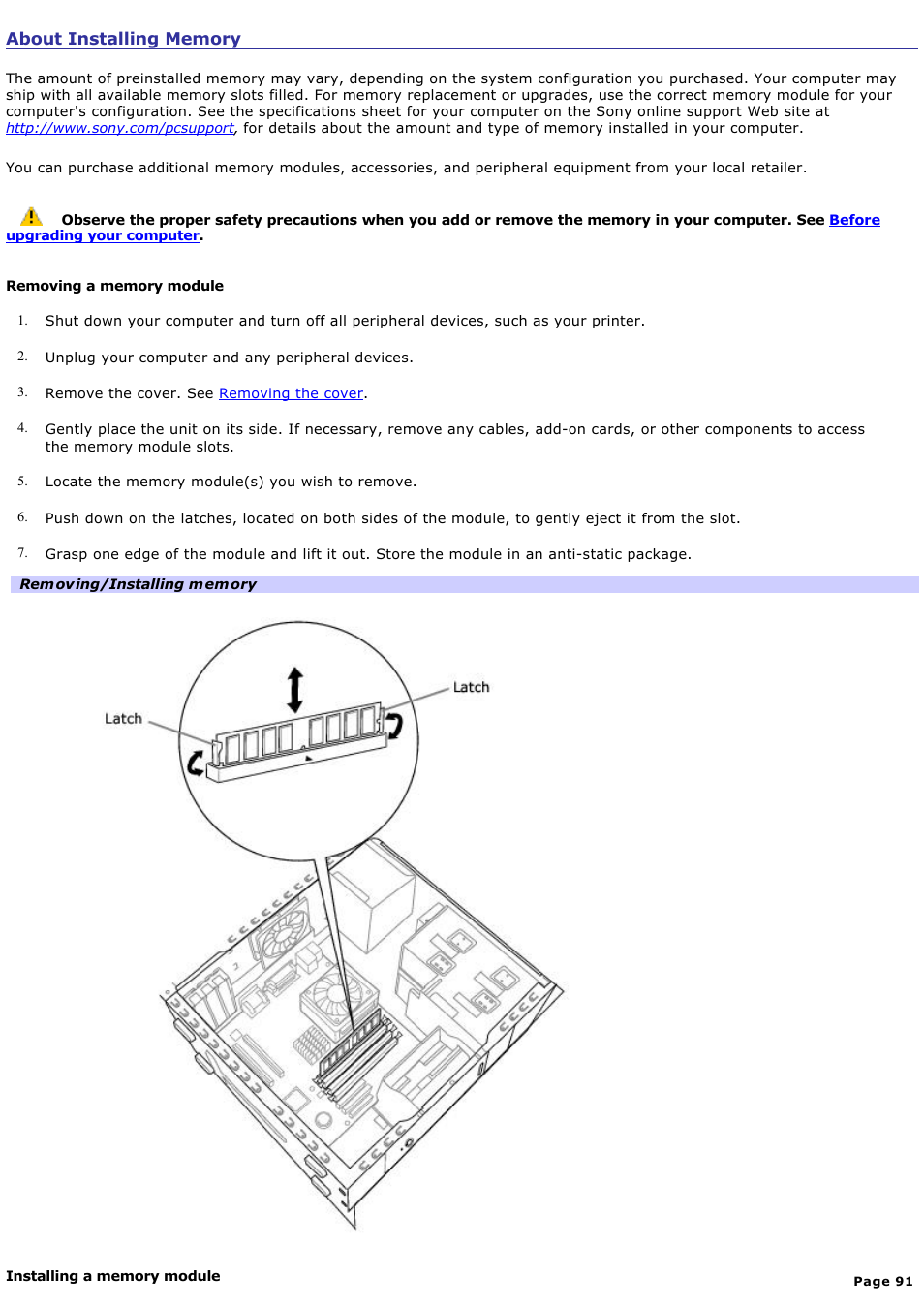 About installing memory | Sony PCV-RS730G User Manual | Page 91 / 161