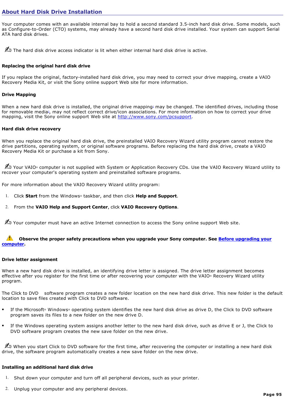 About hard disk drive installation | Sony PCV-RS730G User Manual | Page 95 / 161