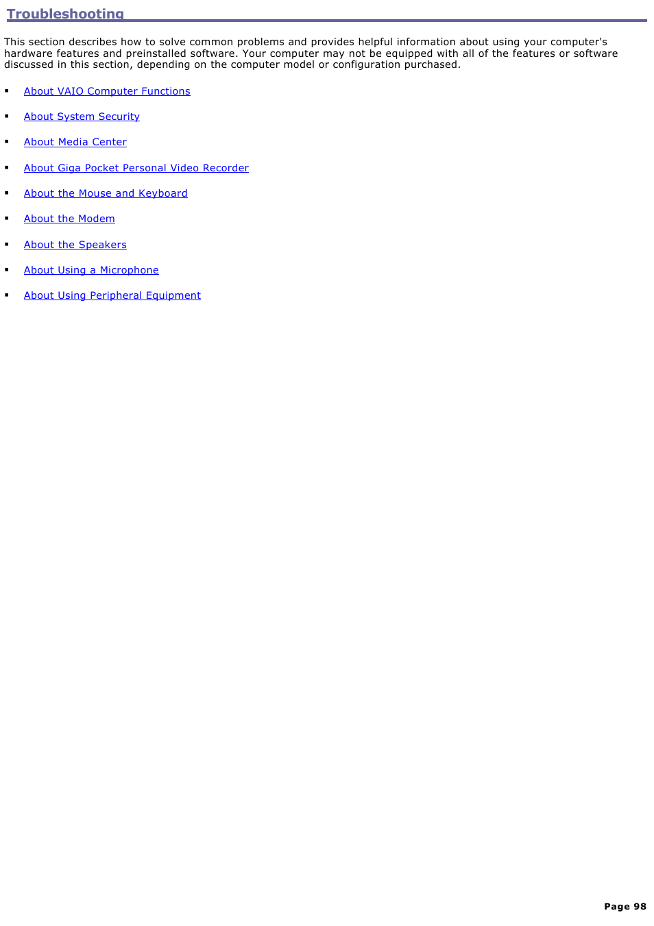 Troubleshooting | Sony PCV-RS730G User Manual | Page 98 / 161