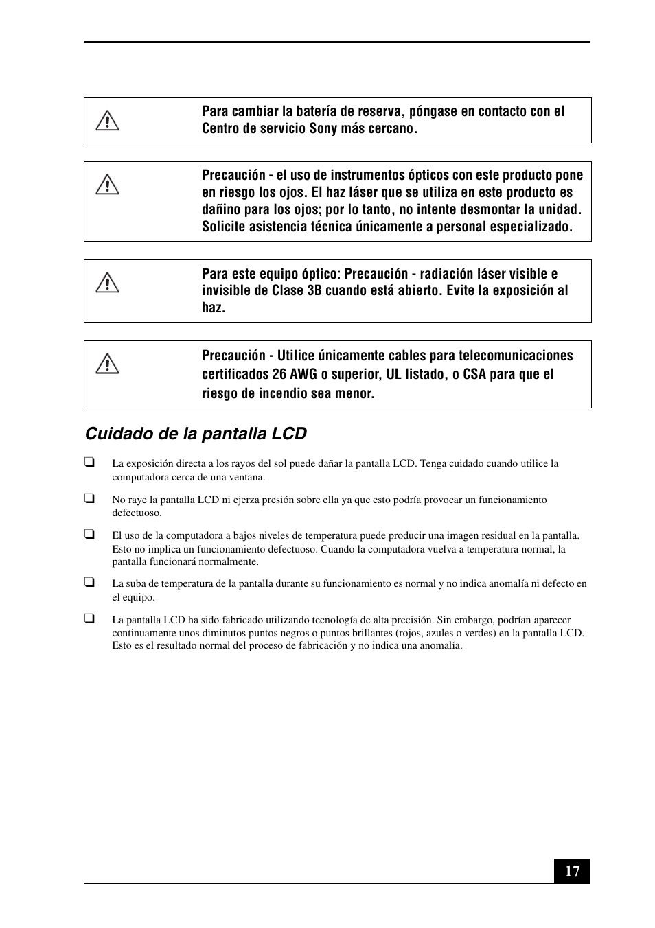 Cuidado de la pantalla lcd | Sony VGN-SR129E User Manual | Page 17 / 24