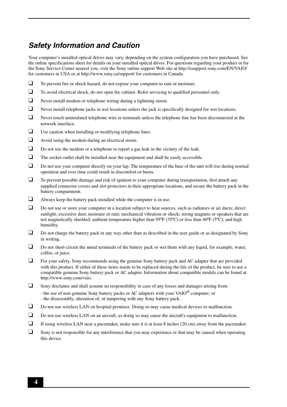 Safety information and caution | Sony VGN-SR129E User Manual | Page 4 / 24