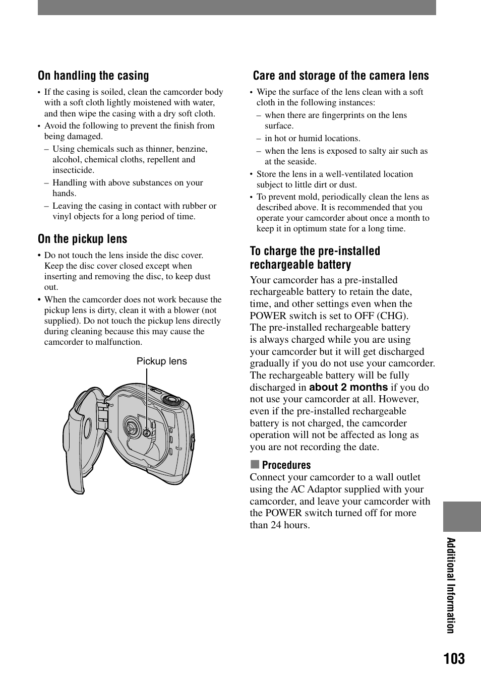 Care and storage of the camera lens, On handling the casing, On the pickup lens | Sony DCR-DVD7 User Manual | Page 103 / 112