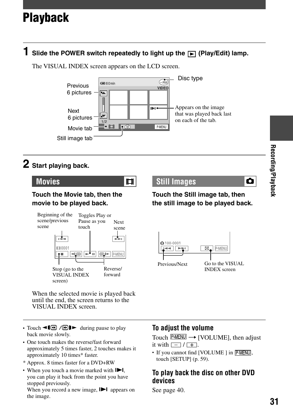 Recording/playback, Playback, Movies still images | Sony DCR-DVD7 User Manual | Page 31 / 112