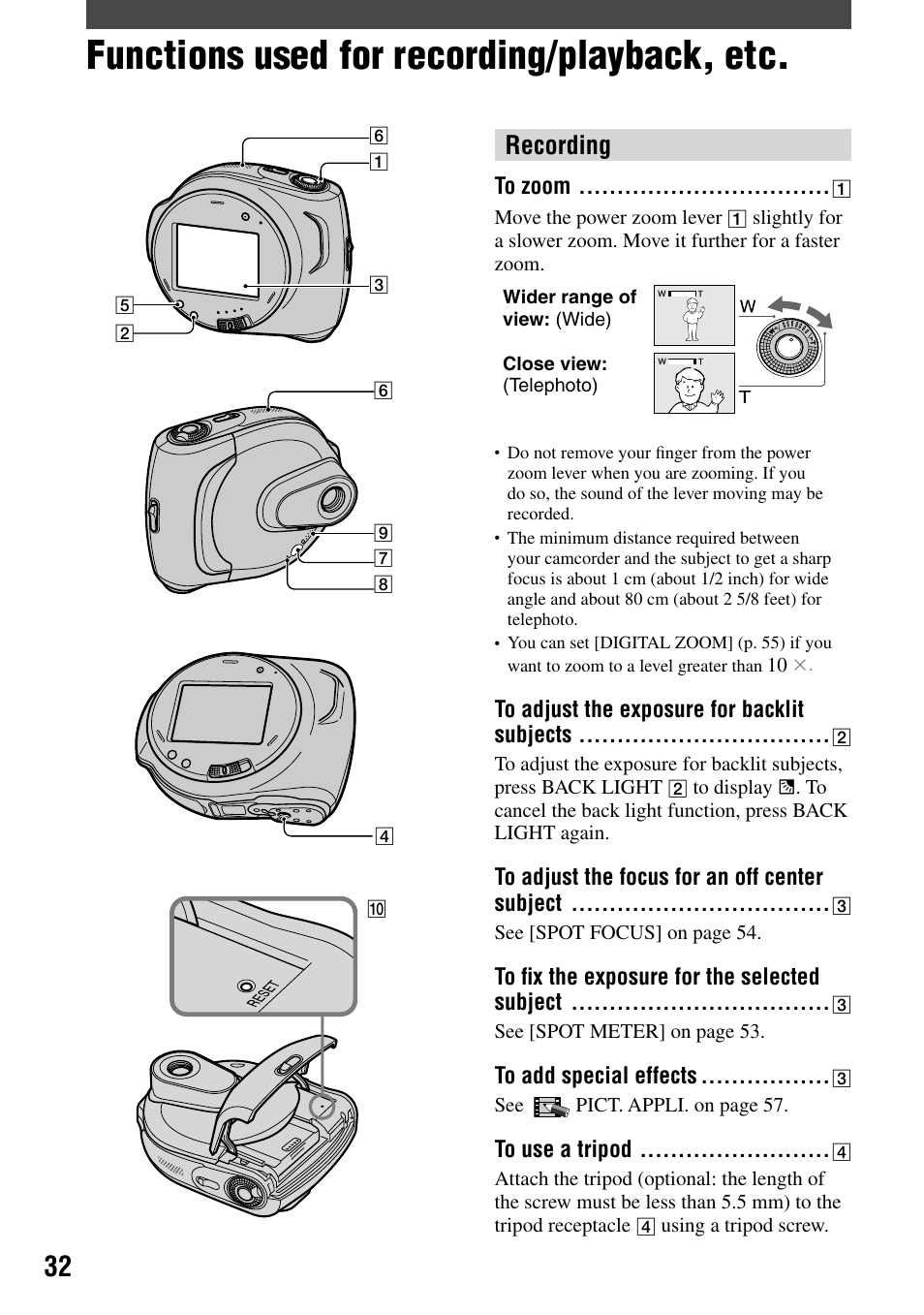 Functions used for recording/playback, etc, Recording | Sony DCR-DVD7 User Manual | Page 32 / 112