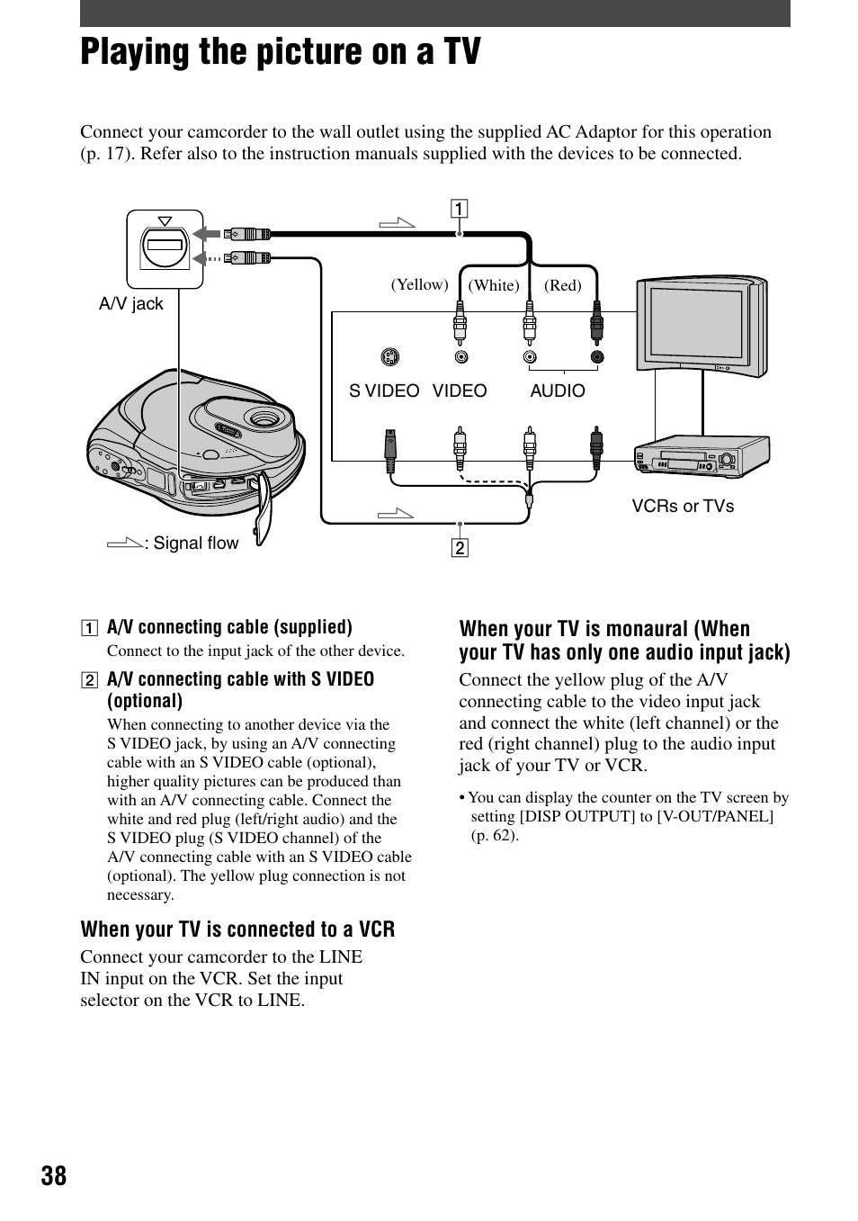 Playing the picture on a tv | Sony DCR-DVD7 User Manual | Page 38 / 112