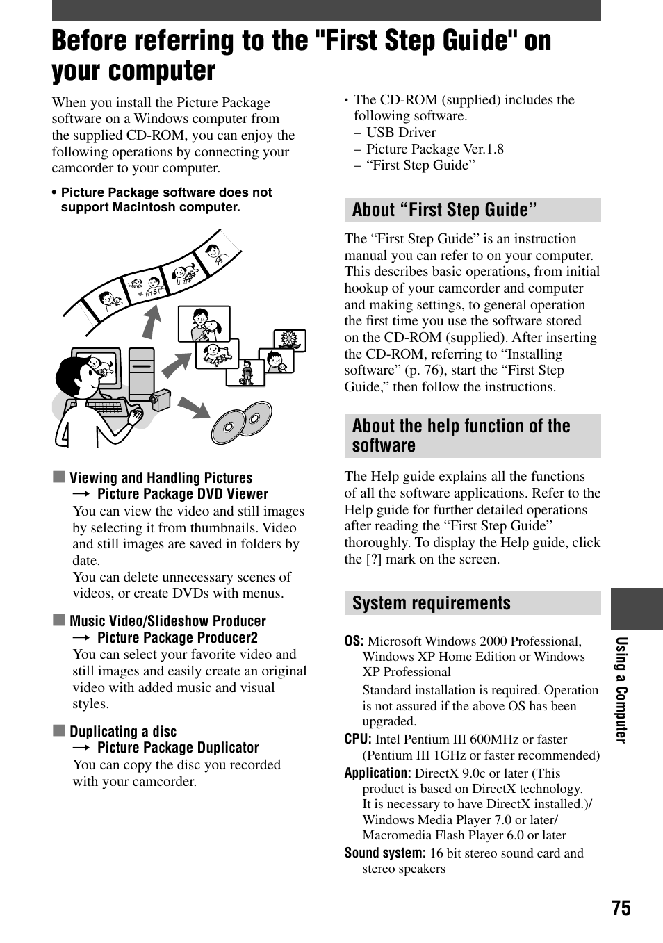 Using a computer, About “first step guide, About the help function of the software | System requirements | Sony DCR-DVD7 User Manual | Page 75 / 112