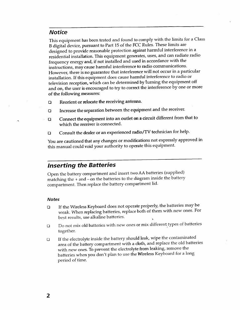 Notice, Inserting the batteries | Sony KI-W250 User Manual | Page 2 / 8