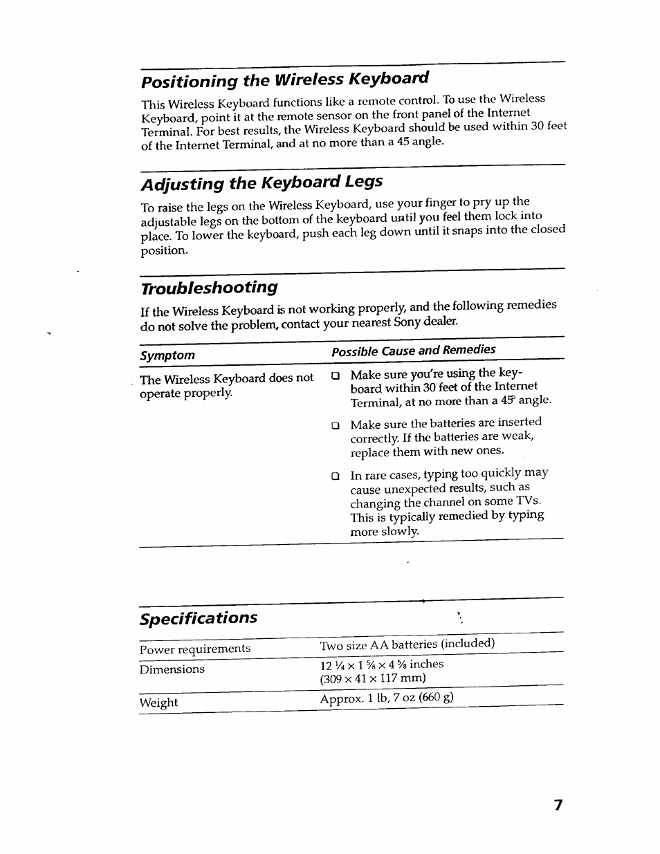 Positioning the wireless keyboard, Adjusting the keyboard legs, Troubleshooting | Specifica tions | Sony KI-W250 User Manual | Page 7 / 8