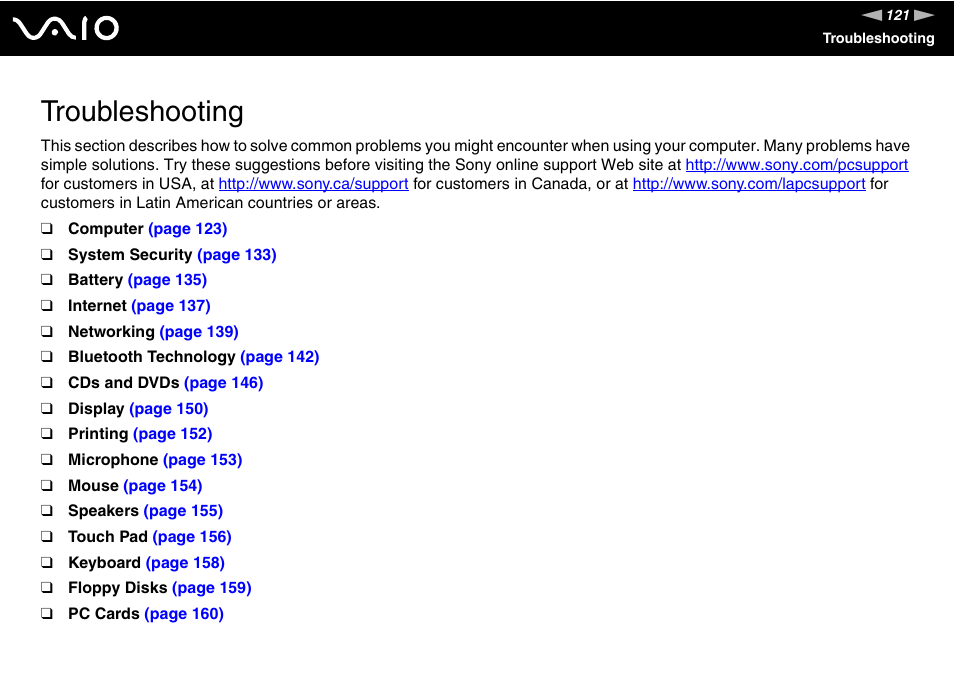 Troubleshooting | Sony VGN-S570P User Manual | Page 121 / 182