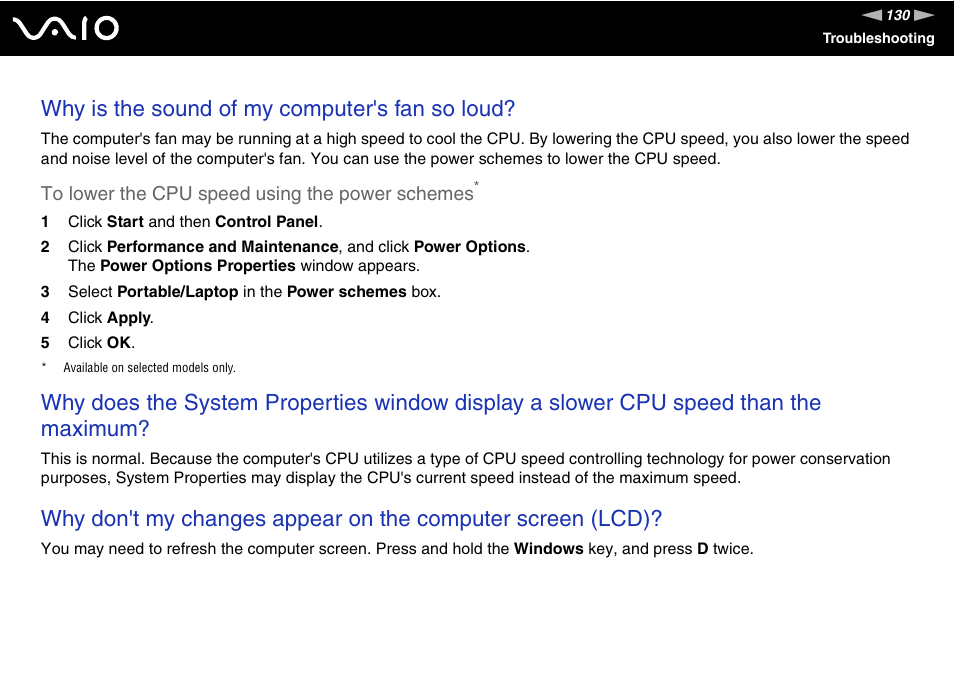 Why is the sound of my computer's fan so loud | Sony VGN-S570P User Manual | Page 130 / 182