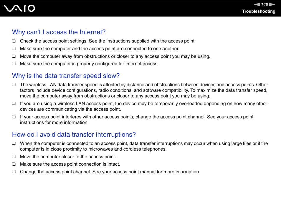 Why can't i access the internet, Why is the data transfer speed slow, How do i avoid data transfer interruptions | Sony VGN-S570P User Manual | Page 140 / 182