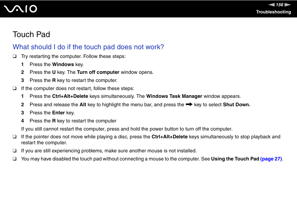 Touch pad, What should i do if the touch pad does not work | Sony VGN-S570P User Manual | Page 156 / 182