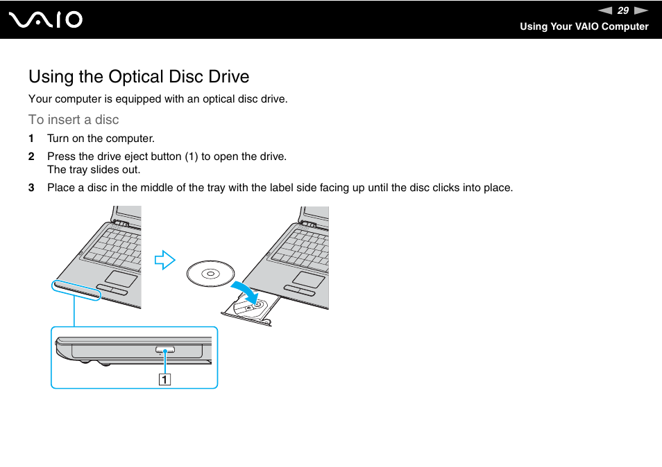 Using the optical disc drive | Sony VGN-S570P User Manual | Page 29 / 182