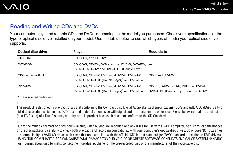 Reading and writing cds and dvds | Sony VGN-S570P User Manual | Page 31 / 182