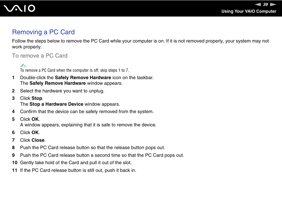 Removing a pc card | Sony VGN-S570P User Manual | Page 39 / 182