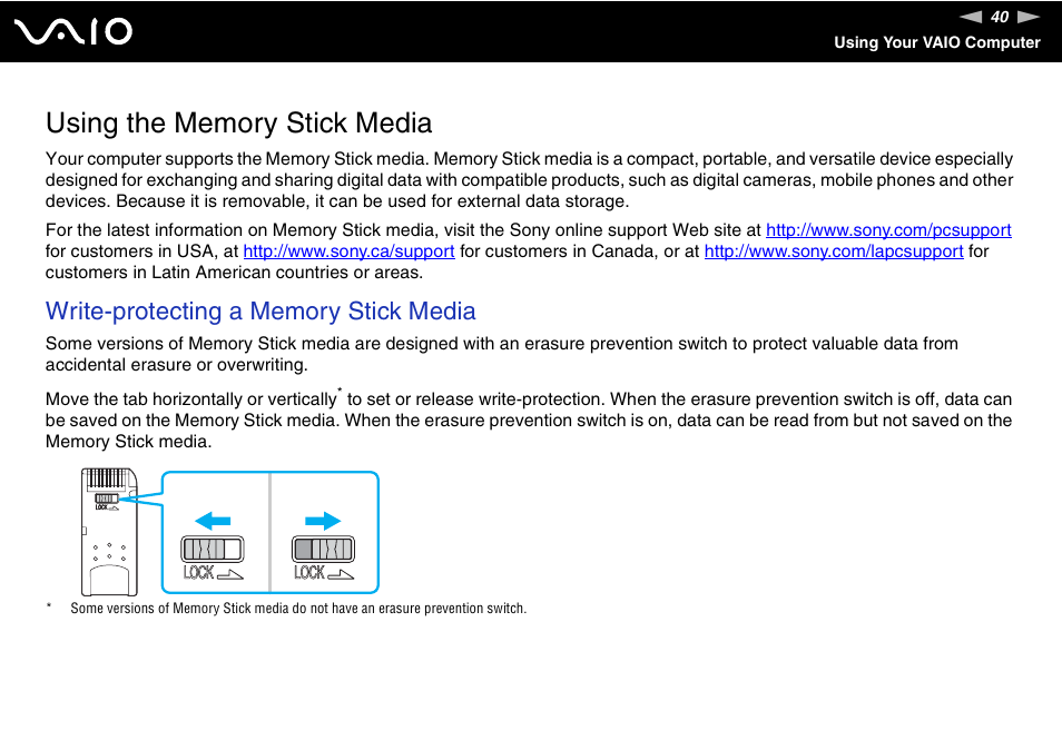 Using the memory stick media | Sony VGN-S570P User Manual | Page 40 / 182