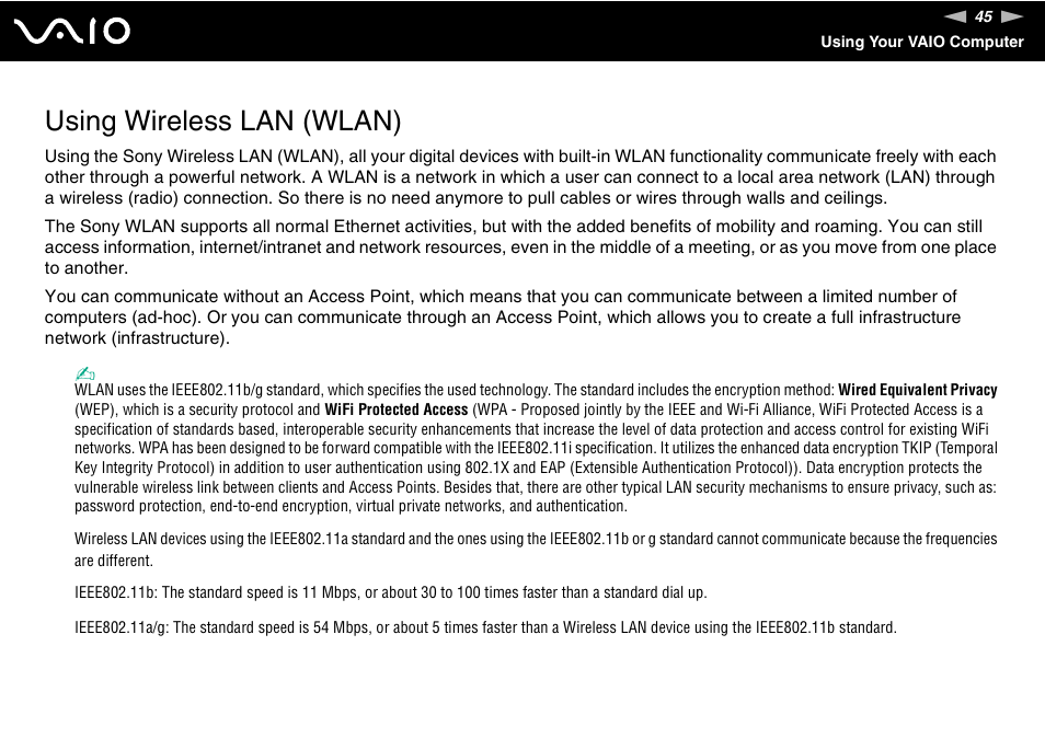 Using wireless lan (wlan) | Sony VGN-S570P User Manual | Page 45 / 182