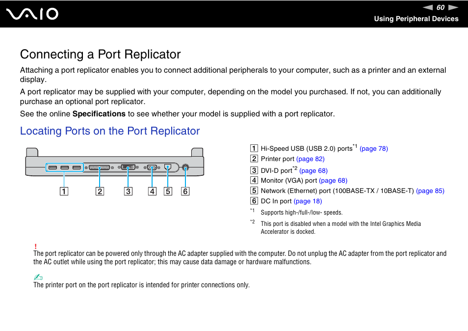 Connecting a port replicator, Locating ports on the port replicator | Sony VGN-S570P User Manual | Page 60 / 182