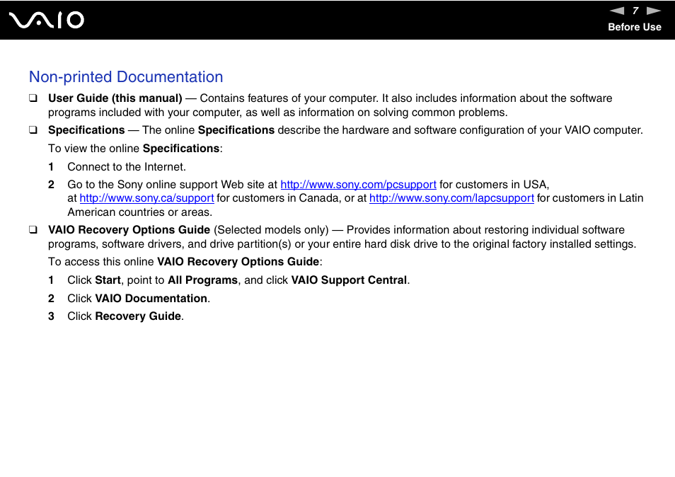 Non-printed documentation | Sony VGN-S570P User Manual | Page 7 / 182