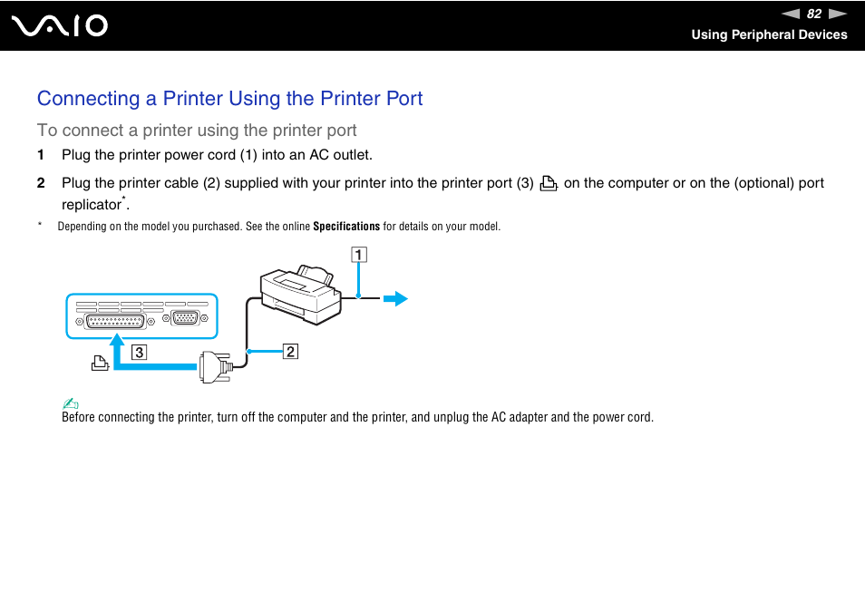 Connecting a printer using the printer port | Sony VGN-S570P User Manual | Page 82 / 182