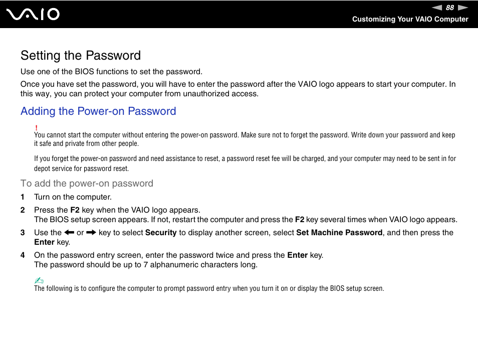 Setting the password, Adding the power-on password | Sony VGN-S570P User Manual | Page 88 / 182