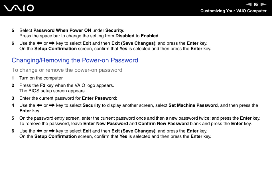 Changing/removing the power-on password | Sony VGN-S570P User Manual | Page 89 / 182