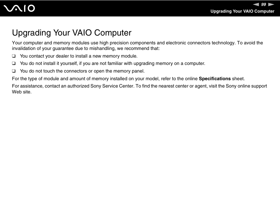 Upgrading your vaio computer | Sony VGN-S570P User Manual | Page 99 / 182