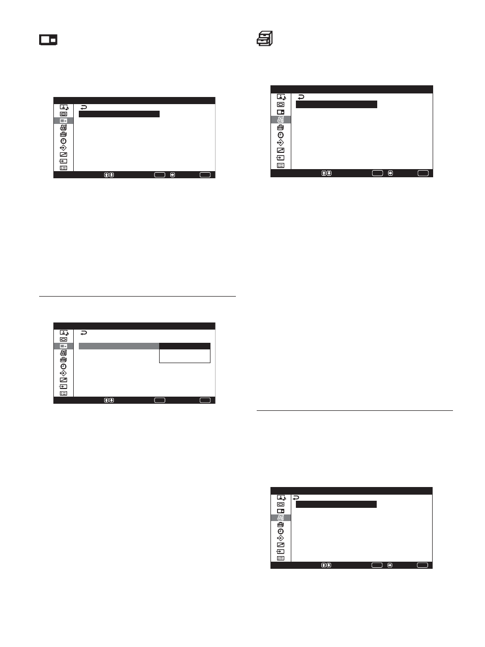 Menú picture and picture (pap) (imagen e imagen), Menú ajuste personalizado, Menú imagen activa | Menú protector de pantalla | Sony PFM-42X1S User Manual | Page 238 / 376