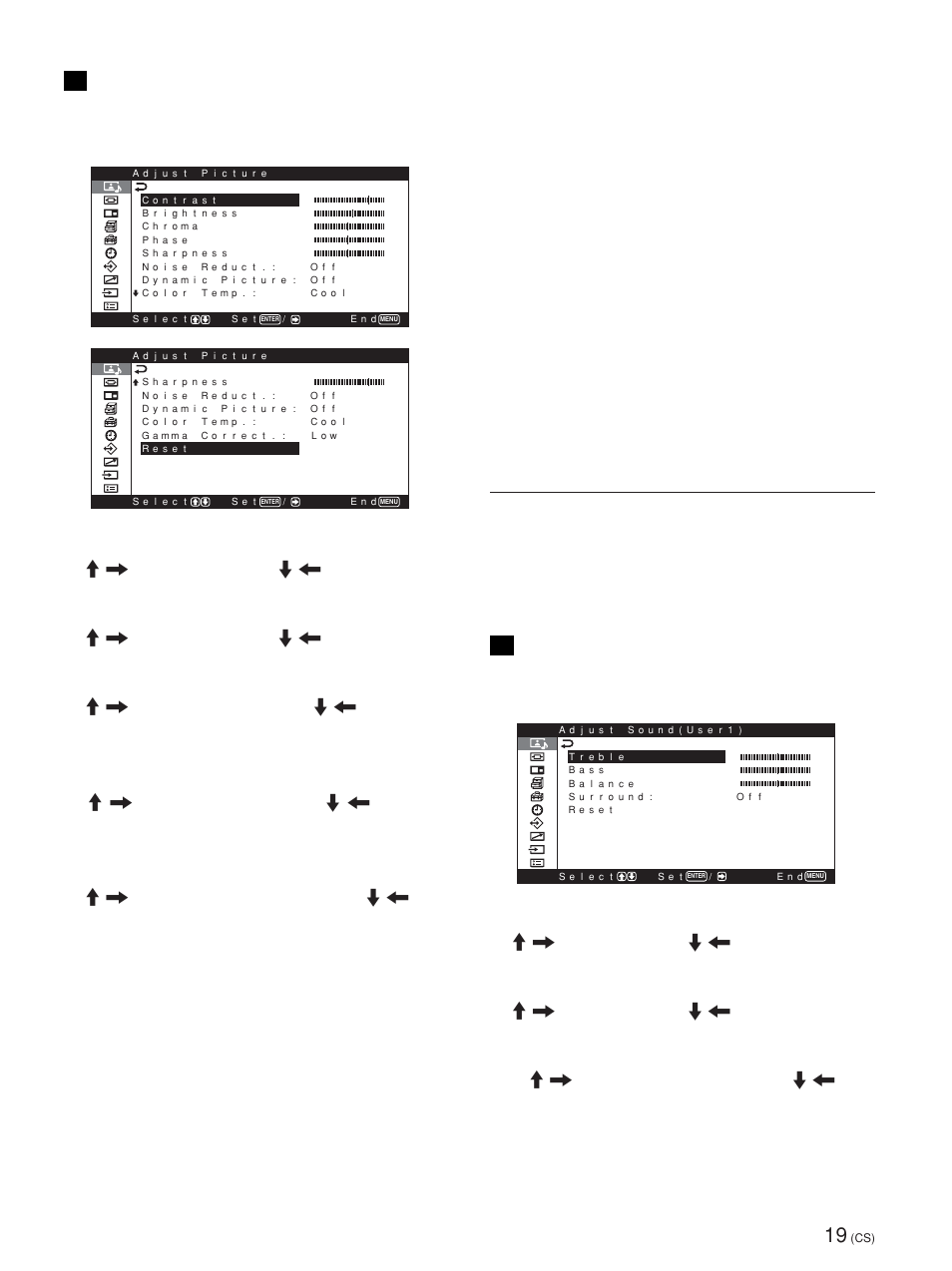 Adjust sound（调整声音）菜单, Dynamic picture（动态图像） 增强对比度，使白色更亮，黑色更暗, Color temp.（色温） 改变色温 | Reset（复位） 将出厂设定恢复至 adjust picture（调整图像）菜 单项目, 可对音质进行微调。 首先将 picture mode（图像模式）设定为 user 1 或 3, 有关详细说明，请参见第 31 页（cs）上的“noise reduct, 有关详细说明，请参见第 31 页（cs）上的“dynamic picture, 有关详细说明，请参见第 31 页（cs）上的“color temp, 有关详细说明，请参见第 33 页（cs）上的“gamma correct | Sony PFM-42X1S User Manual | Page 341 / 376