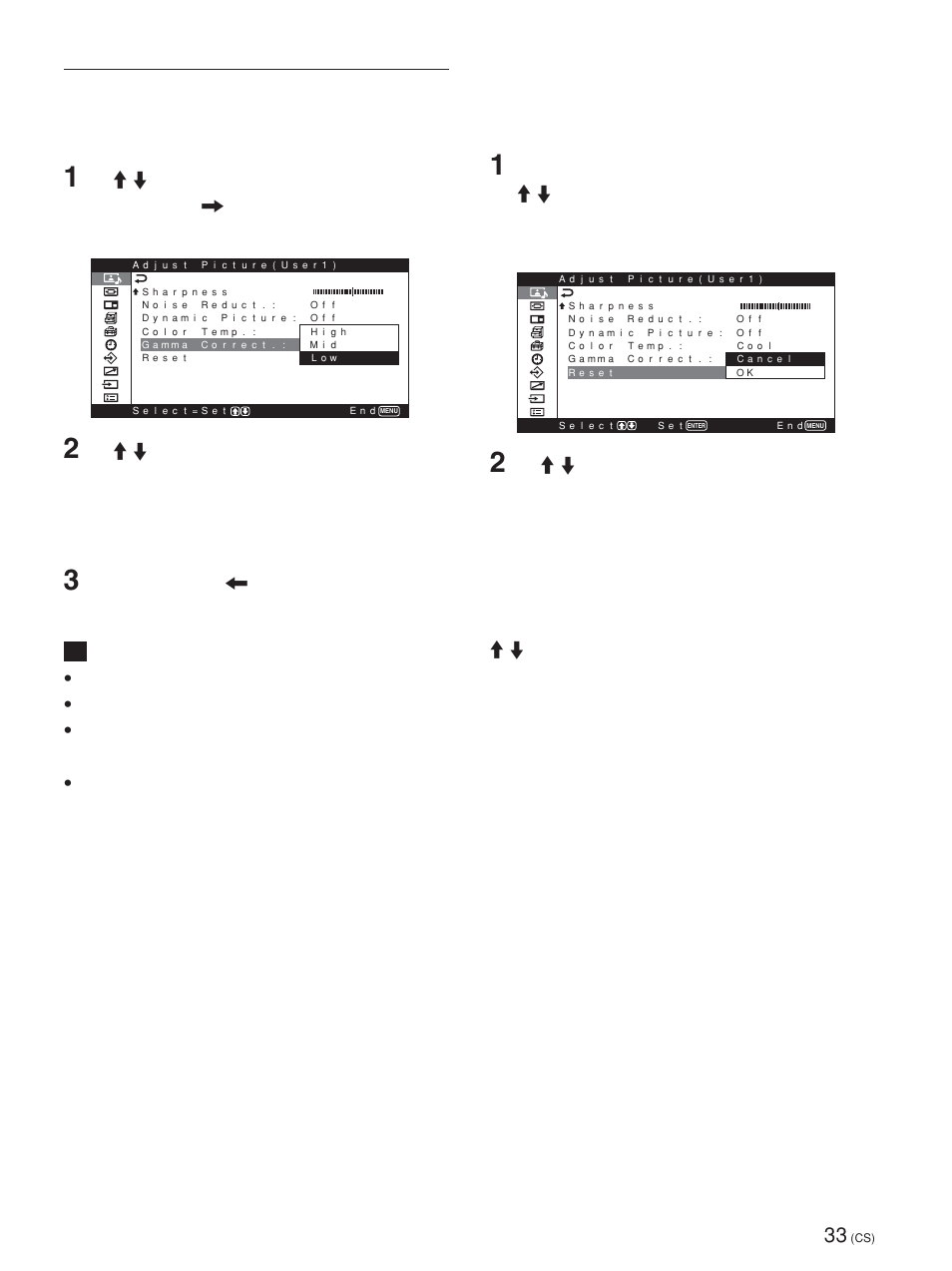 将 adjust picture 菜单项目恢复到初始 设定, Gamma correct | Sony PFM-42X1S User Manual | Page 355 / 376