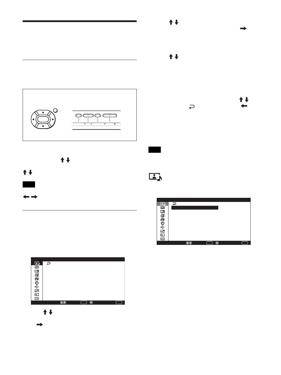 Using on-screen menus, Operating through menus, Menu guide | Picture/sound control menu, Menu operating buttons, Configuration of the menu | Sony PFM-42X1S User Manual | Page 74 / 376