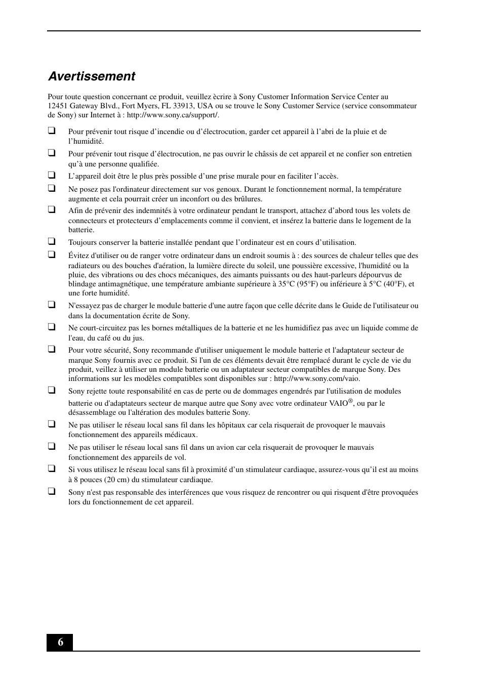 Avertissement | Sony VGN-NW100Y User Manual | Page 6 / 24
