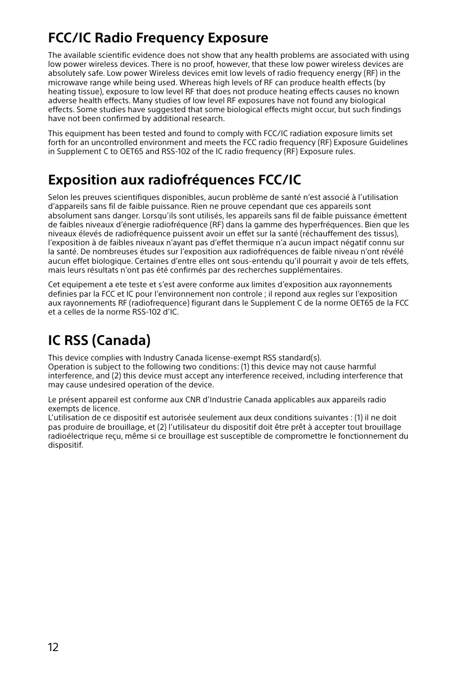 Fcc/ic radio frequency exposure, Exposition aux radiofréquences fcc/ic, Ic rss (canada) | Sony SVF14A14CXP User Manual | Page 12 / 32